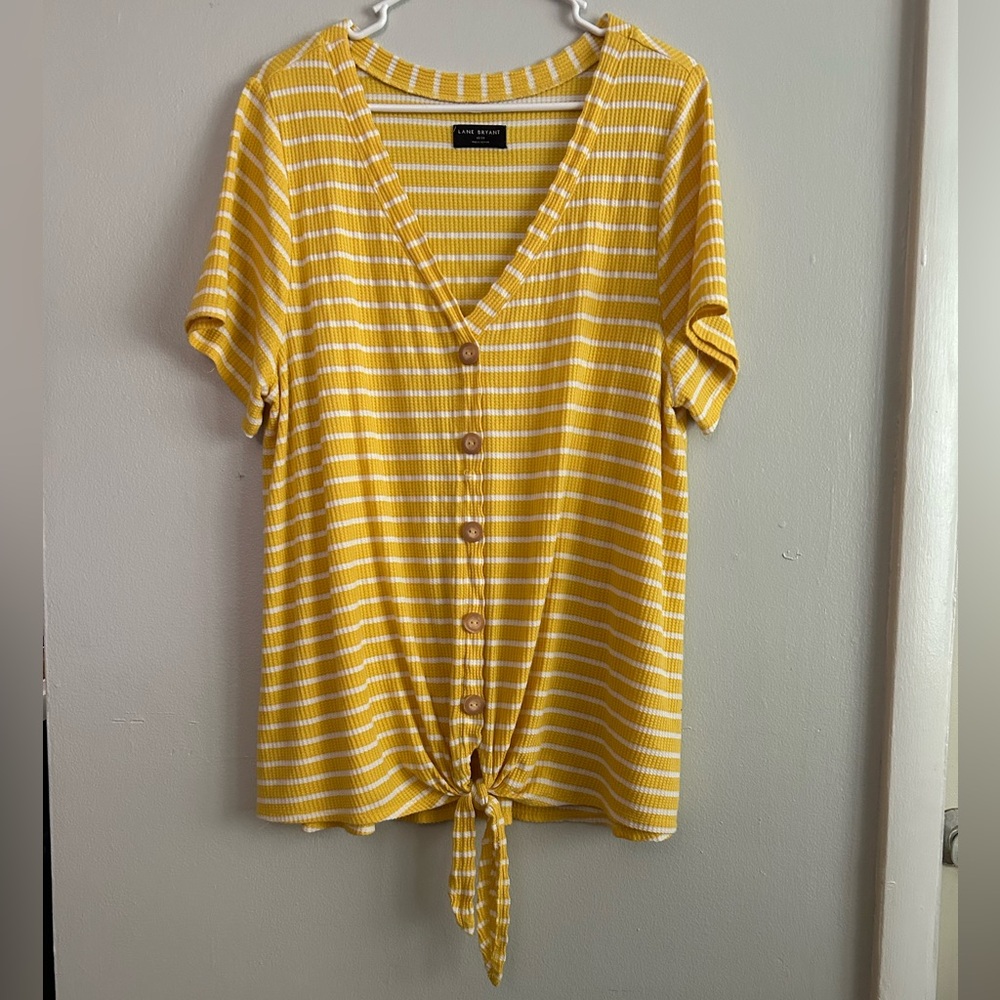 Lane Bryant Puff Sleeve Yellow Stripe Short Sleeve Top Size 18/20